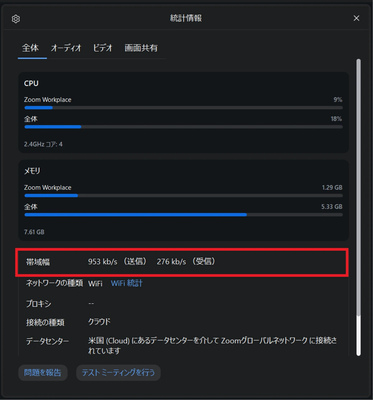 Zoomの統計情報全体タブ。帯域幅を表示